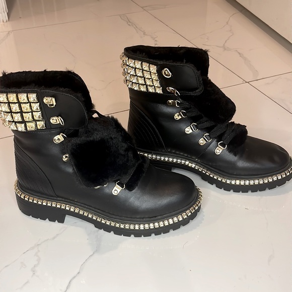 Black and Gold Studded Boots with Fur Details - Picture 1 of 5